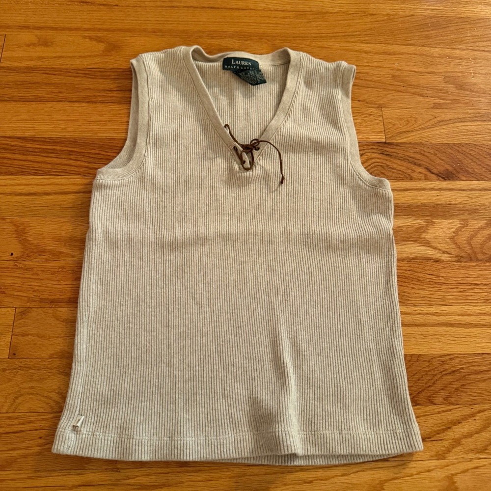 Lauren Ralph Lauren Ribbed Lace-Up V-Neck Top Medium Beige Cotton Sleeveless